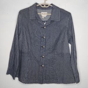 AMI Vtg‎ Jacket 1X Blue Pinstripe Stretch Denim Button Pocket Long Sleeve Collar
